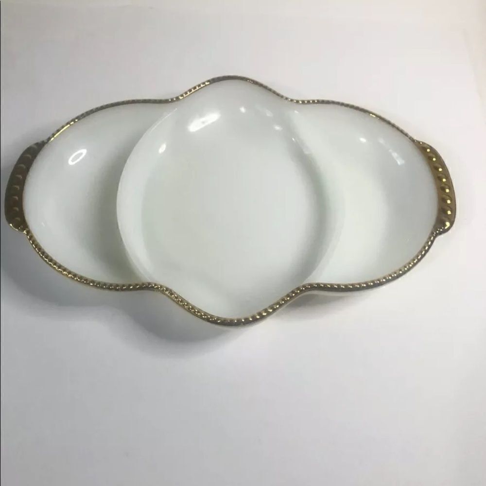 mid century modern anchor hocking‎ fire-king relish dish with gold trim fall